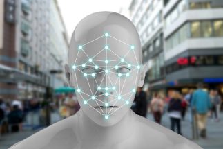 Machine learning systems , accurate facial recognition biometric technology and artificial intelligence concept. 3D Rendering of Man face and dots connect on face with blur city background.